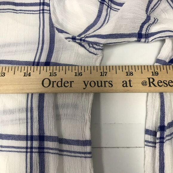 LOFT Top Womens XS Blue White Plaid Peplum Roll Tab Long Sleeve Round Neck - Picture 10 of 11